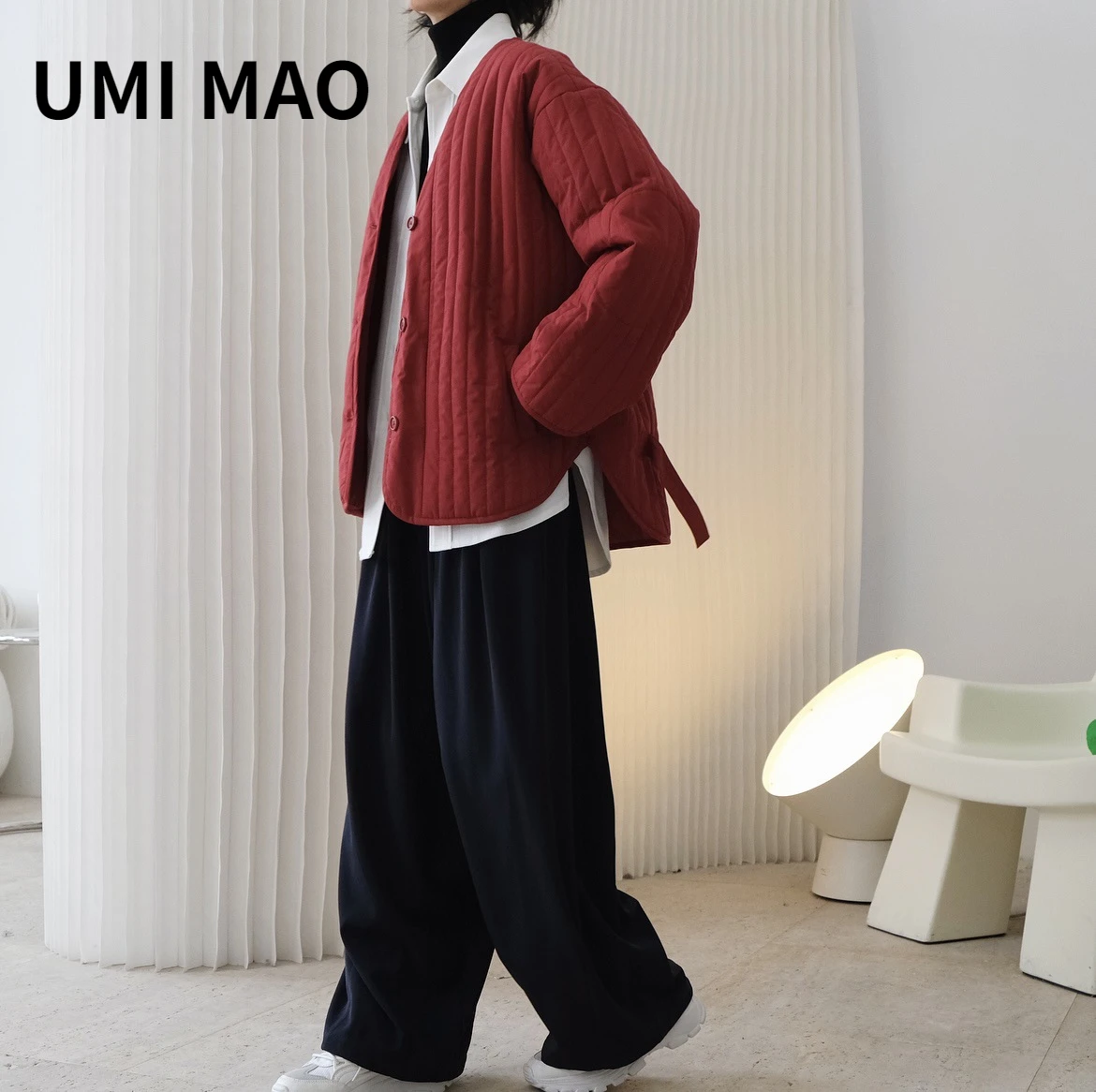 

UMI MAO Autumn Winter New Korean Ins Simple Slouchy Warm Design V-Neck Silhouette Cotton Shirt Loose Slim Coat Women's Thick