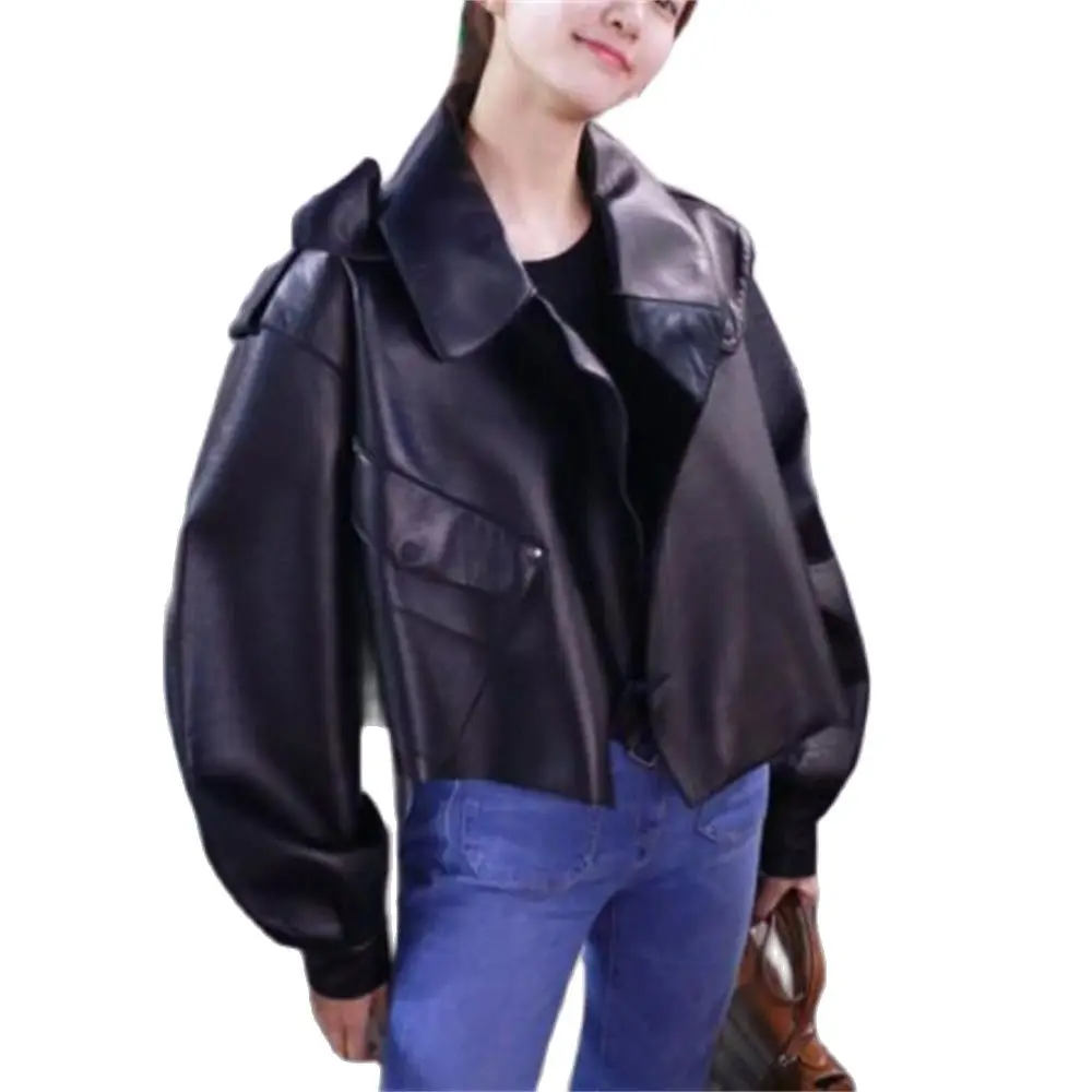 Women's Faux Leather Biker Jacket Black Coat Turndown Collar PU Motorcycle Jackets Loose Streetwear Outerwear Spring Tops New
Women's Faux Leather Biker Jacket Black Coat Turndown Collar PU Motorcycle Jackets Loose Streetwear Outerwear Spring Tops New