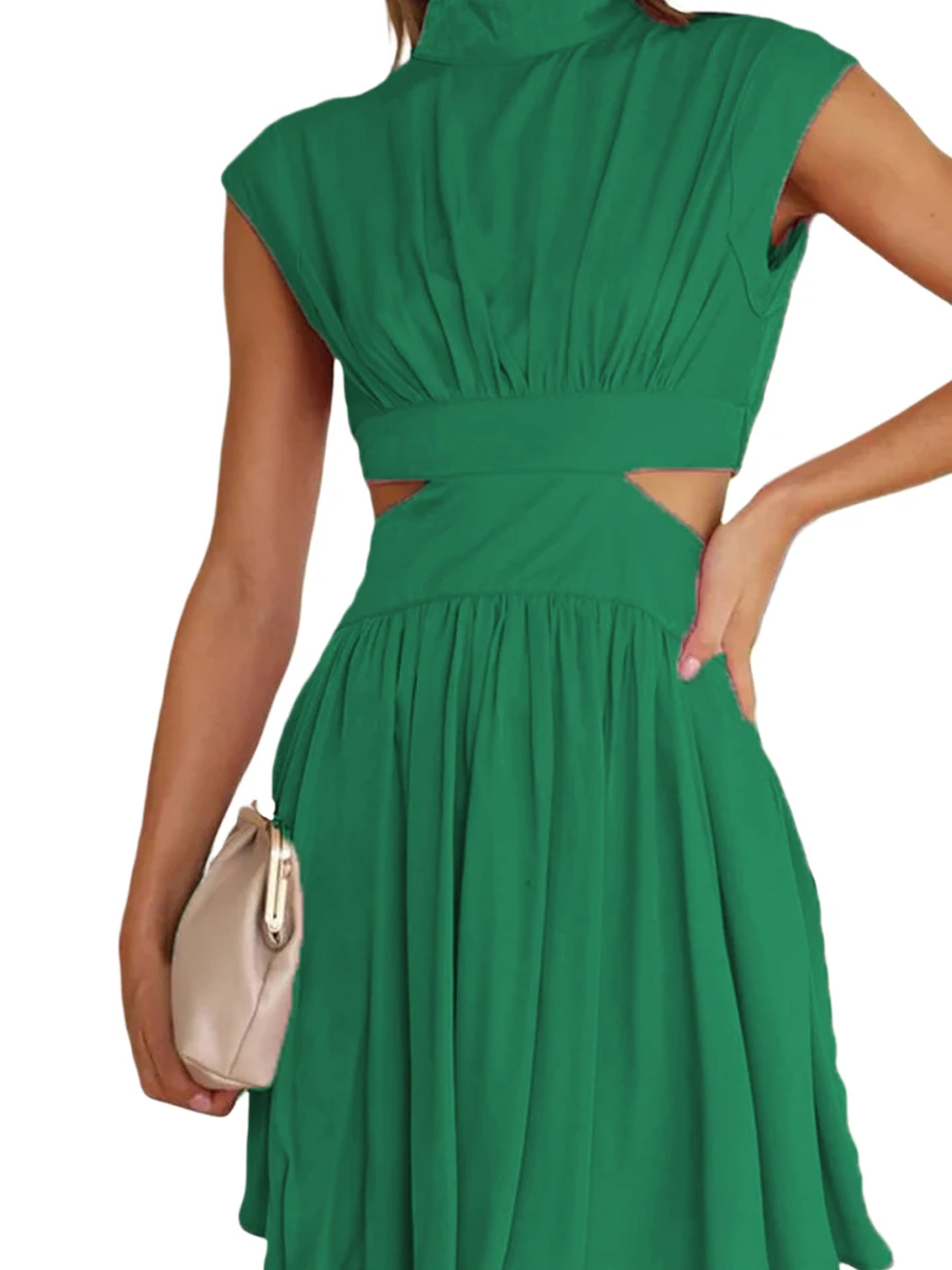 

Женское летнее Повседневное платье Y2K, однотонное Плиссированное Платье из искусственной кожи с воротником-стойкой и вырезом, Пляжная уличная одежда