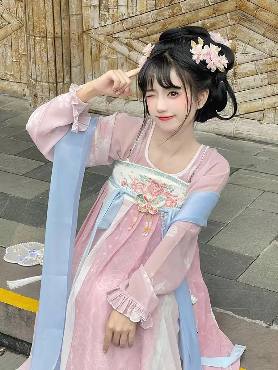 

Original Hanfu Female Embroidery Fresh Chebula Skirt Han Elements A Complete Set Of New Models Spring SET Pink Color