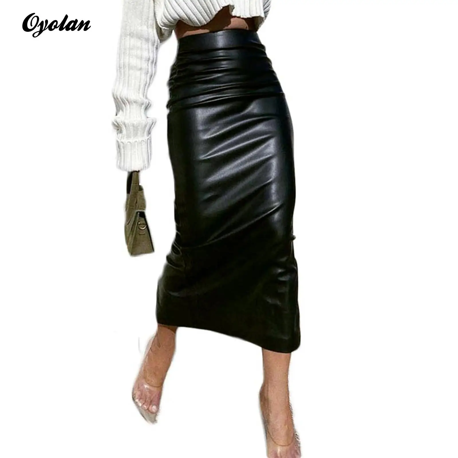

Womens PU Leather Ruched Bodycon Midi Skirt High Waist Midi Office Pencil Skirts Zipper Back Slit Rave Party Clubwear