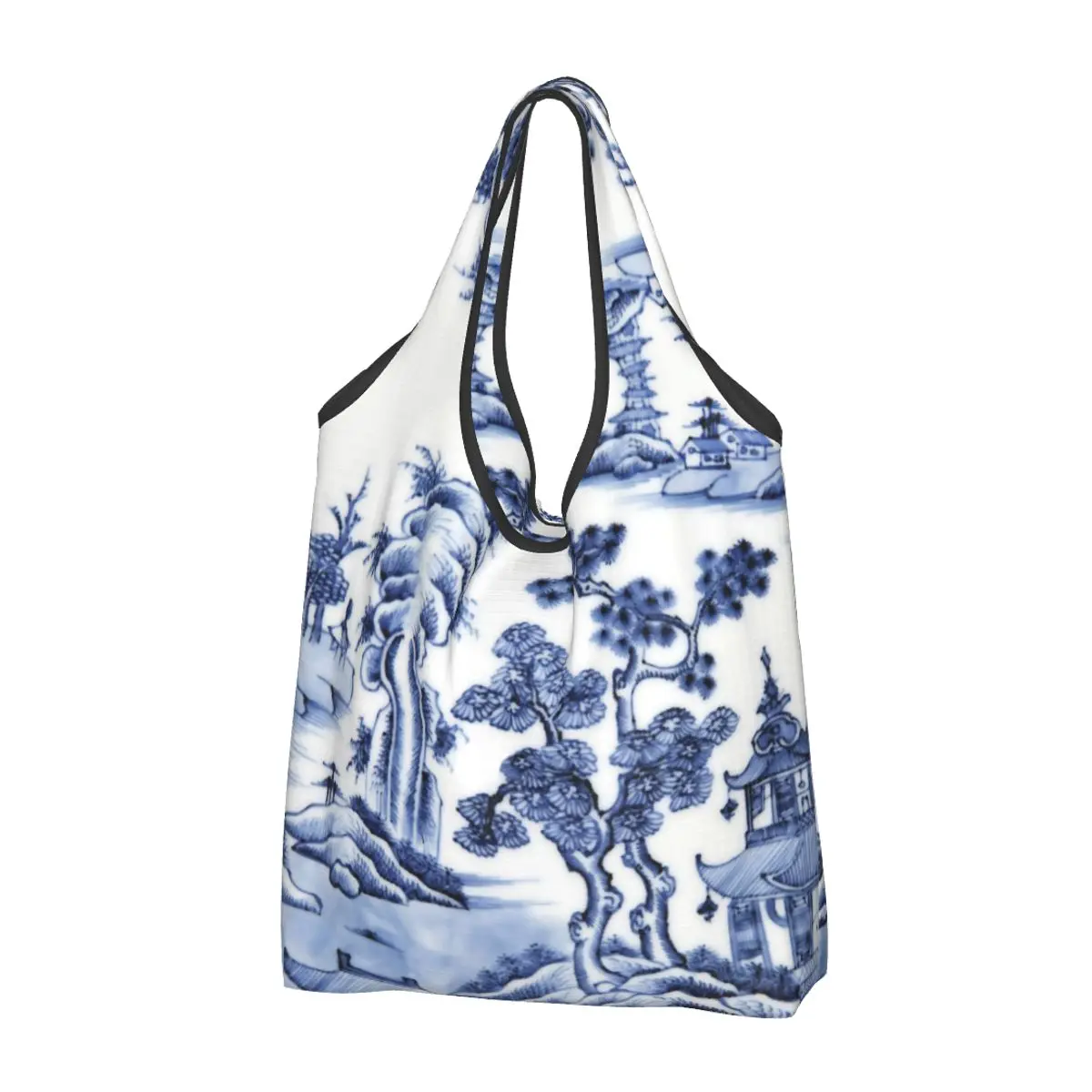 

Chinese Porcelain Blue Delft Oriental Toile Reusable Shopping Grocery Bags Foldable 50LB Weight Capacity Eco Bag Eco-Friendly