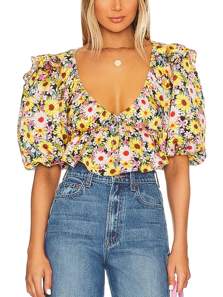 

GypsyLady Floral Boho Cropped Blouse Shirt Summer V-neck Backless Puff Sleeve Holiday Sexy Vintage Blouse Ladies Top Blusas New
