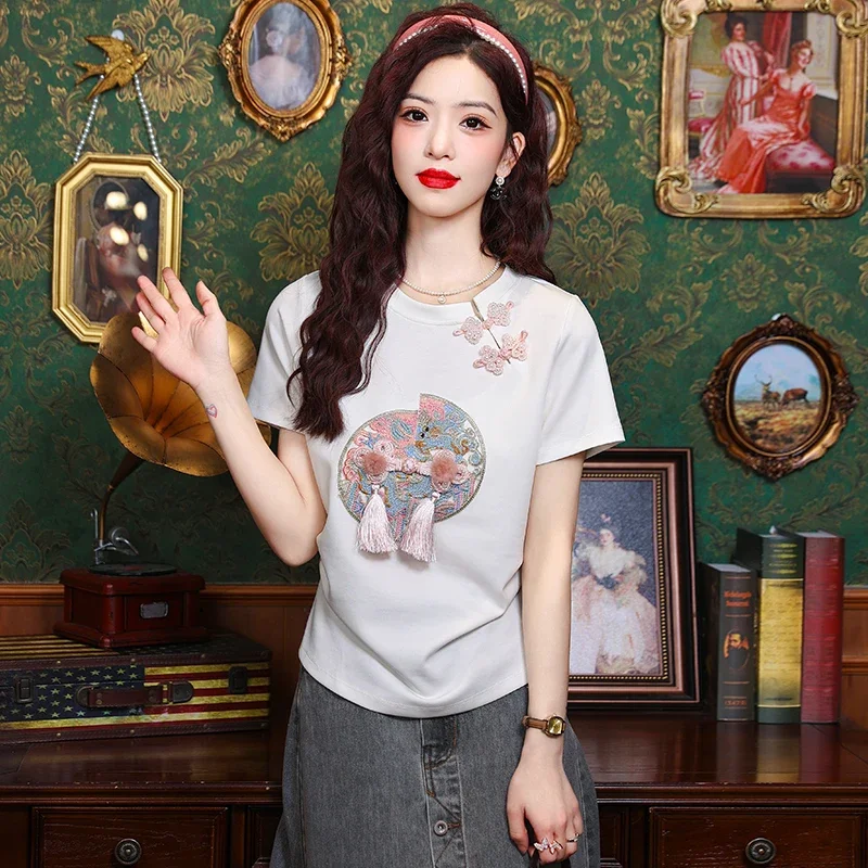 Cotton Chinese Style Women's T-shirt Summer Embroidery Tees Short Sleeve Loose Women Tops Vintage O-necks Clothing 2024 Korean
Cotton Chinese Style Women's T-shirt Summer Embroidery Tees Short Sleeve Loose Women Tops Vintage O-necks Clothing 2024 Korean