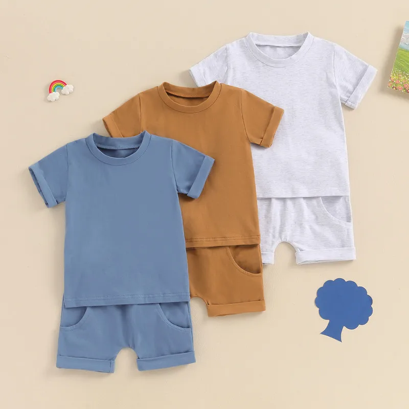 

Toddler Boys Summer Outfits Solid Color Rolled Hem Short Sleeve T-Shirts Tops Elastic Waist Shorts 2Pcs Clothes Set