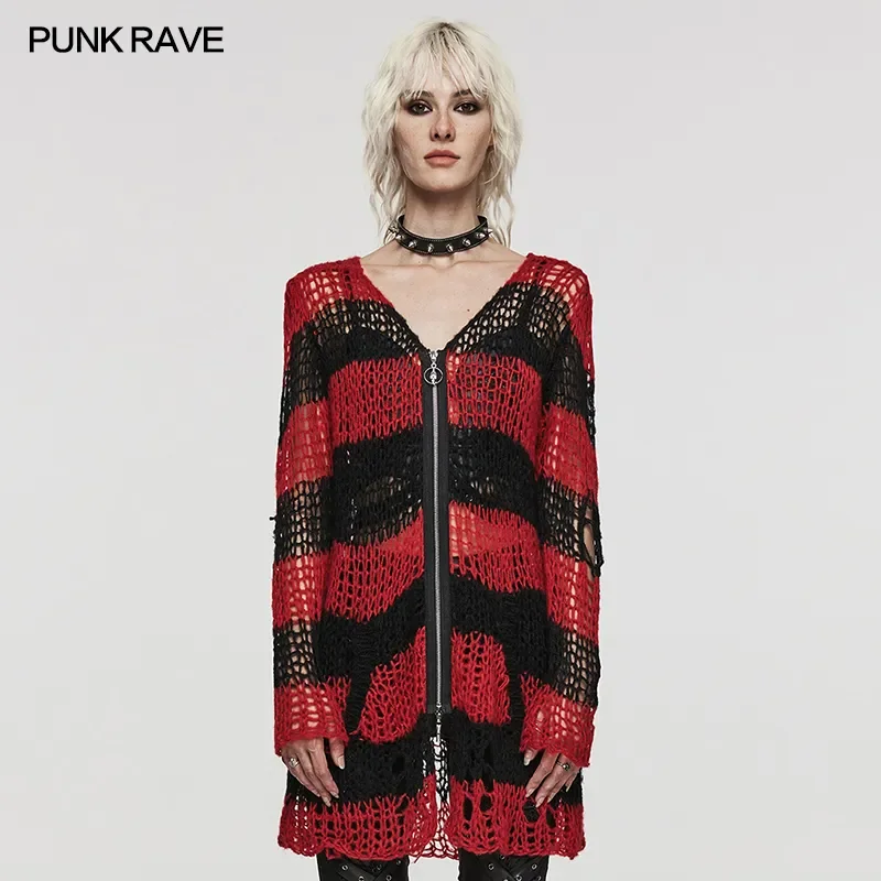 PUNK RAVE Women's Punk Style Sweater Woven Soft Woo Sweater Fashion Casual Irregular Personality Holes Striped Cardigan
PUNK RAVE Women's Punk Style Sweater Woven Soft Woo Sweater Fashion Casual Irregular Personality Holes Striped Cardigan