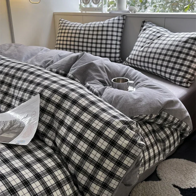 

100% Washed Cotton Linen Bedding Set Soft Duvet Cover Bed Sheet Pillowcase Nordic Classic Plaid Comforter Quilt Cover Bed Linen