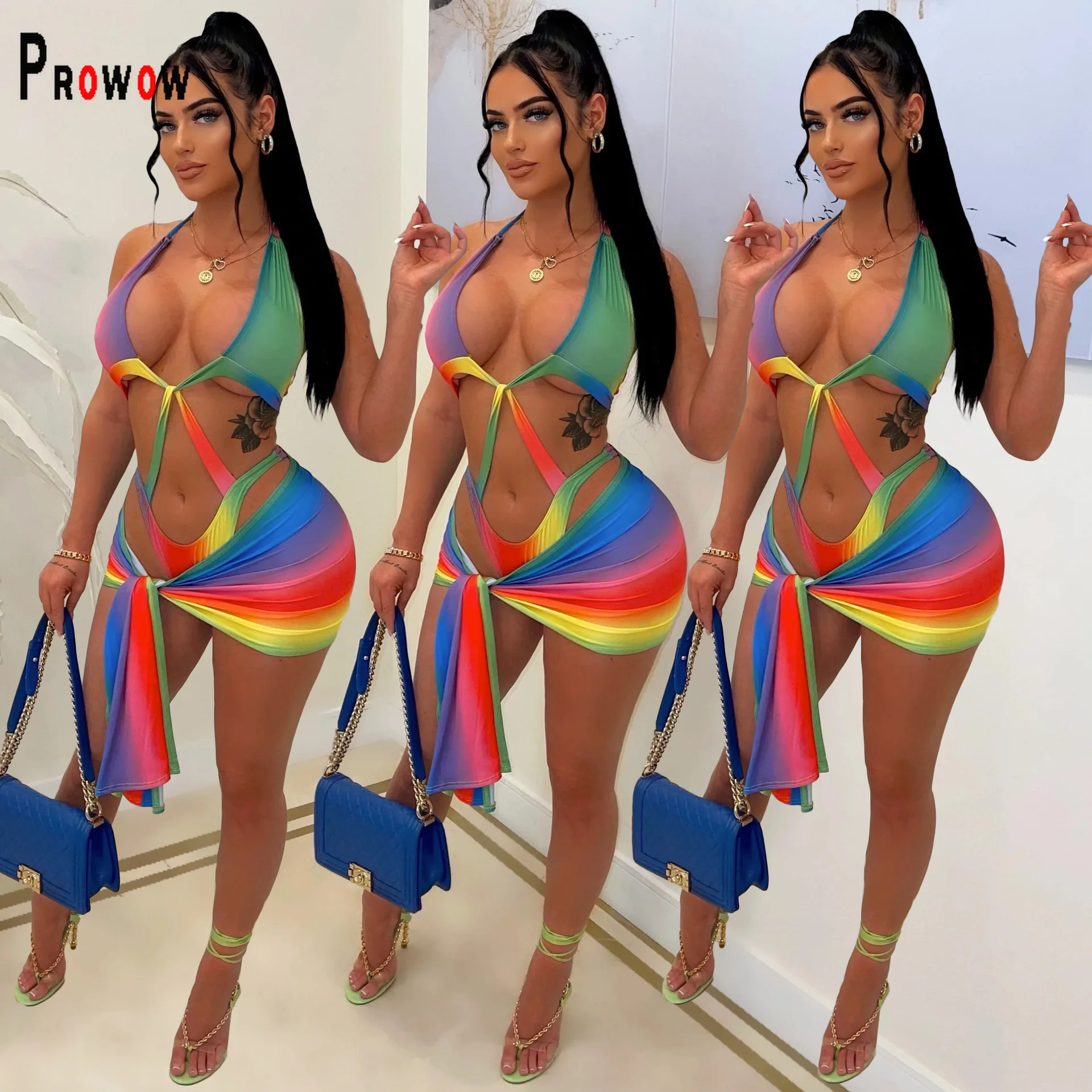 

Prowow Women Bikinis Set Rainbow Colorful Criss-Cross Lace Up Bodysuit Cover-ups 2 Piece Swimsuits 2022 New Summer Beach Outfits