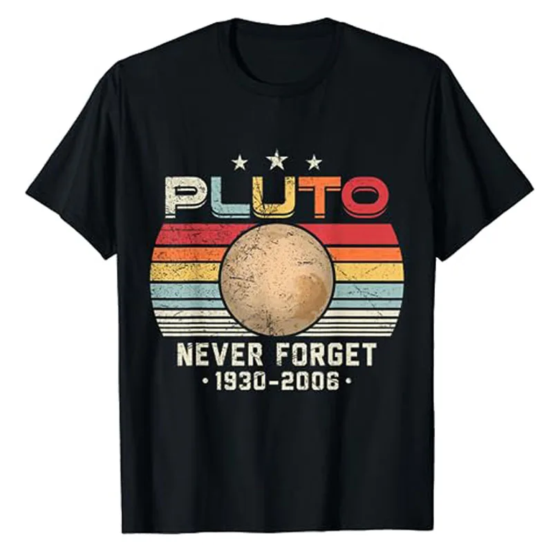 

Mens Kids Never Forget Pluto Retro Funny Science Space T-Shirt Retro Style Solar Systems Graphic Tee Tops Short Sleeve Blouses