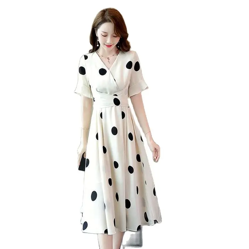 

Polka-dot Summer Chiffon Dress Women's Long Section 2023 New Fashion Women's V-neck Slim Temperament Slim Printed Skirt Women.