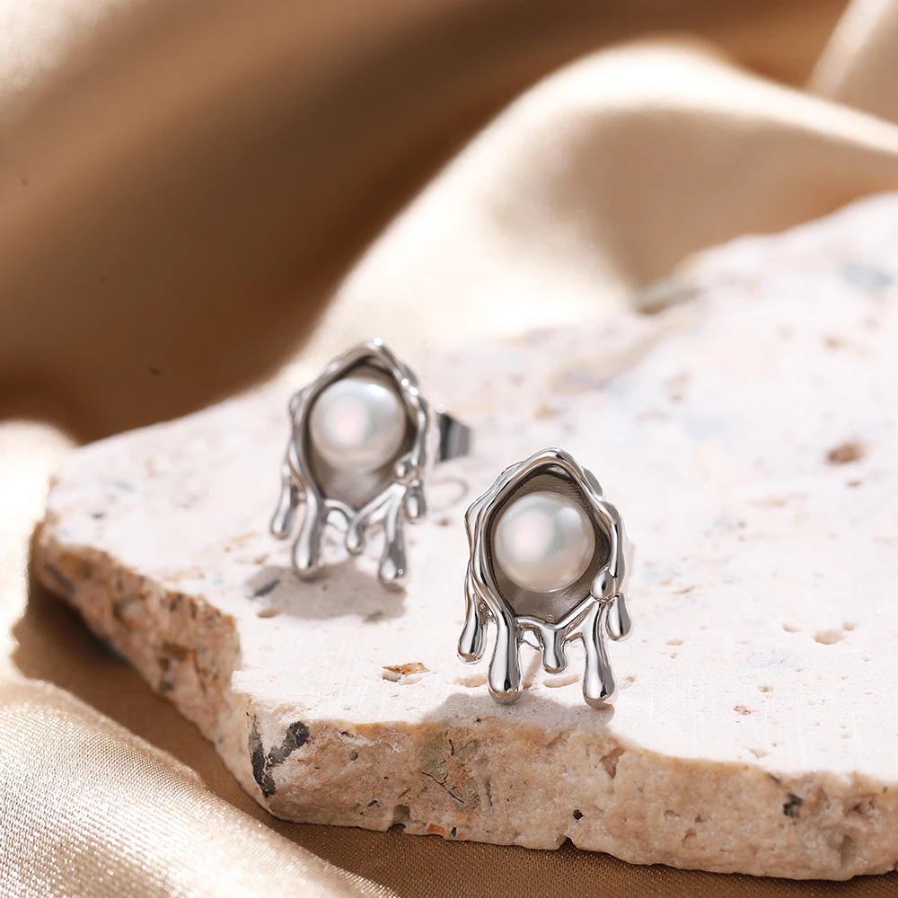 Creative Stainless Steel Gold Plated Stud Earring Personality Dripping Honey Freshwater Pearl Earrings for Women Fashion Jewelry 17 S559f4f3a62b5489e8448d9dff1ffae66V