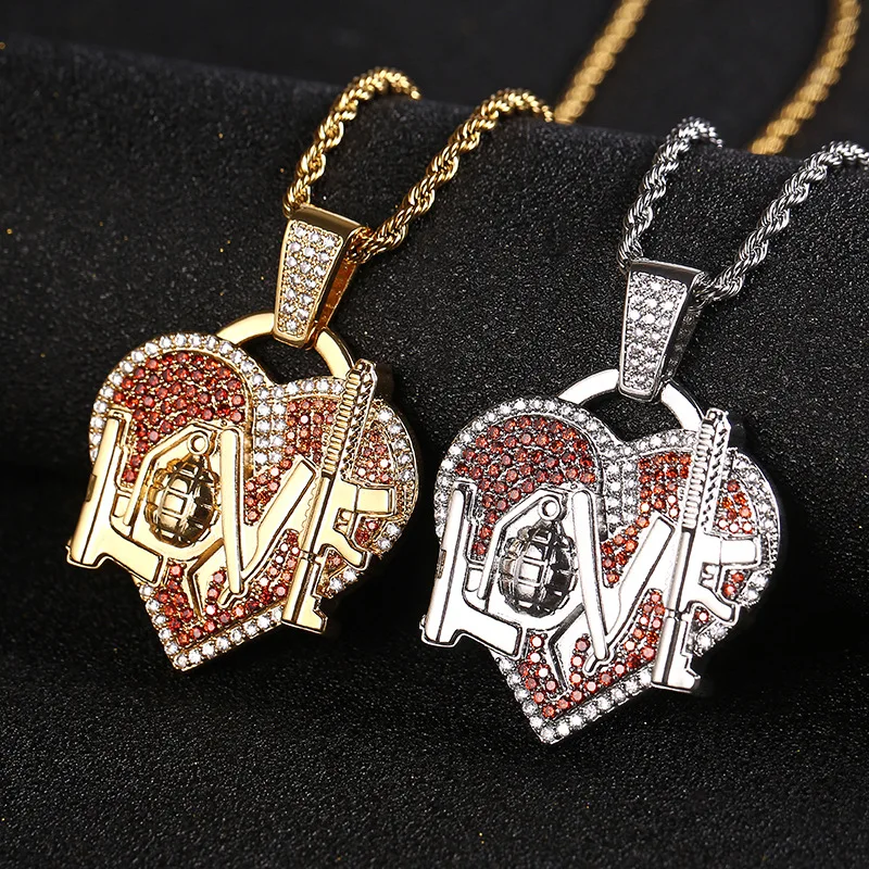 

Hip Hop Claw Setting AAA+ CZ Stone Bling Iced Out Grenade Gun Love Heart Pendants Necklaces for Men Women Lover Rapper Jewelry