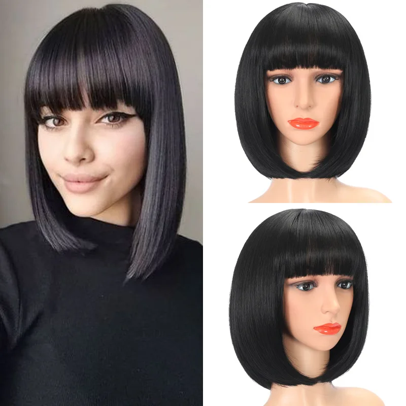 Short straight hair with wavy bob synthetic hair wig and bangs dance performance costume wig + wig cap
Short straight hair with wavy bob synthetic hair wig and bangs dance performance costume wig + wig cap
