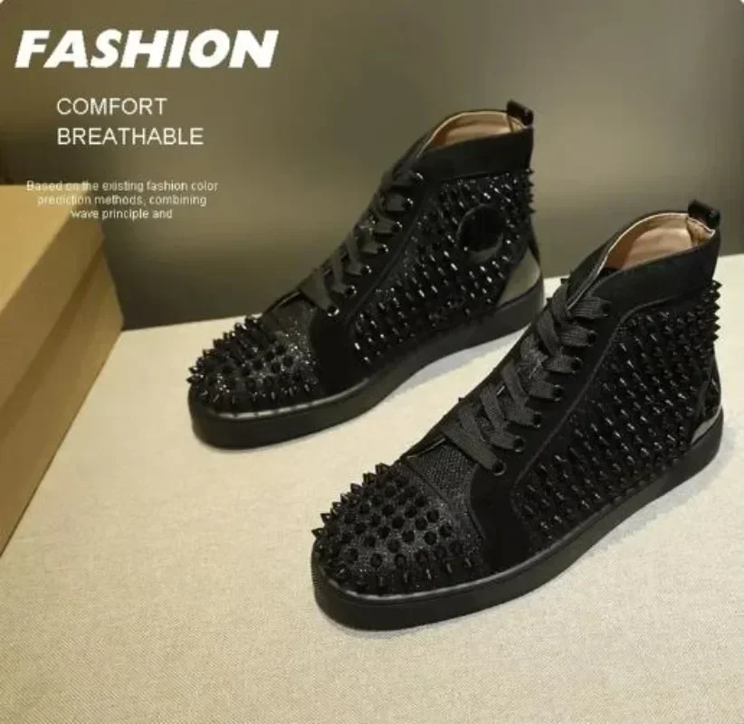 

New Designer Luxury Men's Shoes Women's High Top Black Leather Rivets Red-soled Shoe Casual Flat Loafers Spike Tennis Sneakers