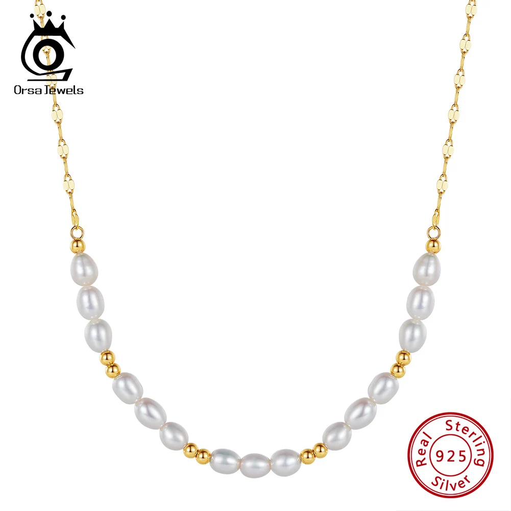 

ORSA JEWELS 14K Gold Beads Natural Freshwater Pearl Necklace Vintage 925 Sterling Silver Chain Necklace Jewelry for Women GPN67