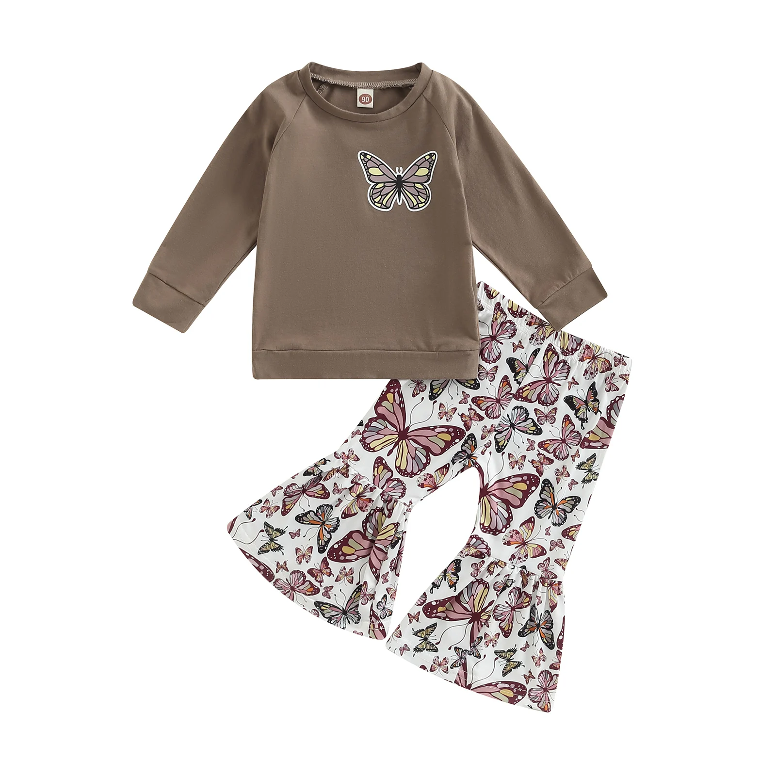 

2022-08-09 Lioraitiin 0-6Years Toddler Kids Girls Fall Outfits Print Long Sleeve Shirt Tops with Stretch Flare Pants