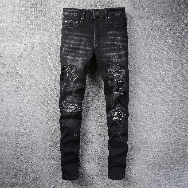 High Street Fashion Jeans For Men New 2022 Destruction Holes Totem Patch Jeans Men's Stretch Slim Skinny Black Denim Pants 829
High Street Fashion Jeans For Men New 2022 Destruction Holes Totem Patch Jeans Men's Stretch Slim Skinny Black Denim Pants 829