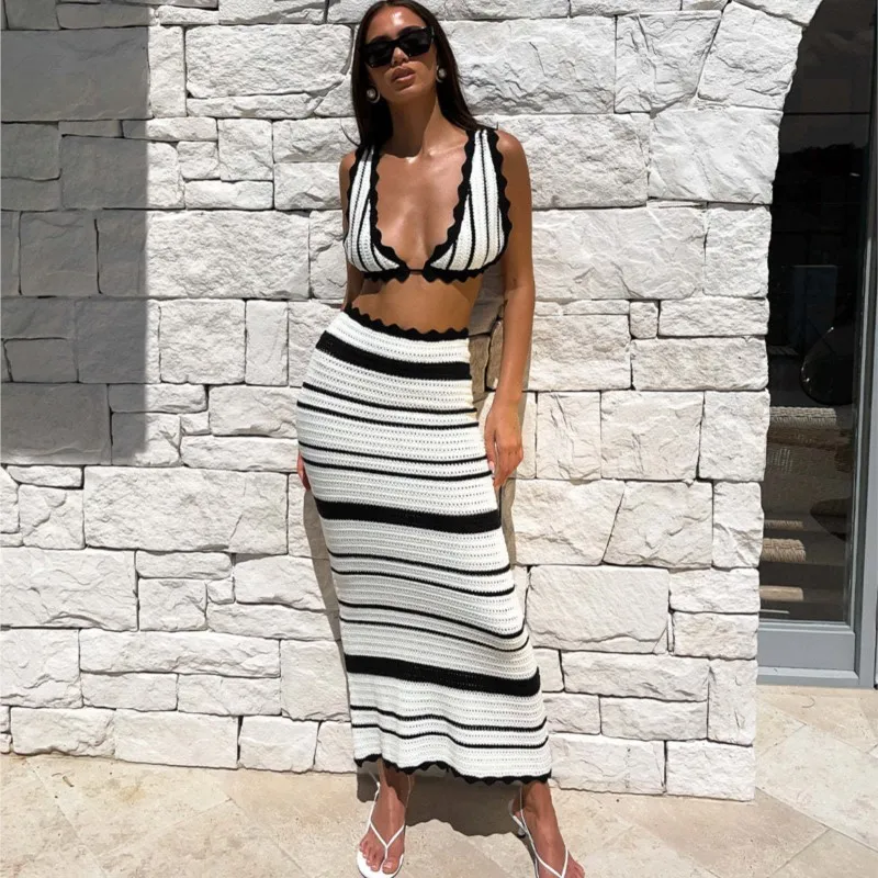 

Cover Up Beach Women Bikini 2024 Dress Stripe Vest Halter Top Set Boho Color Cotton Swimwear Outings For Coverup Long Summer And