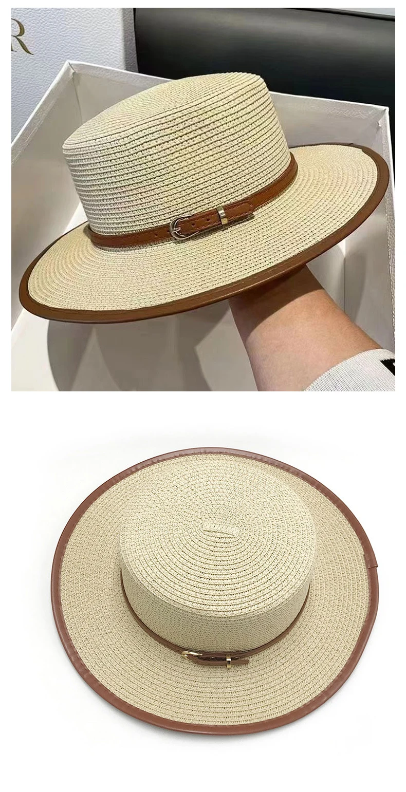 Women’s British-inspired straw sun hat with brown belt and wide brim