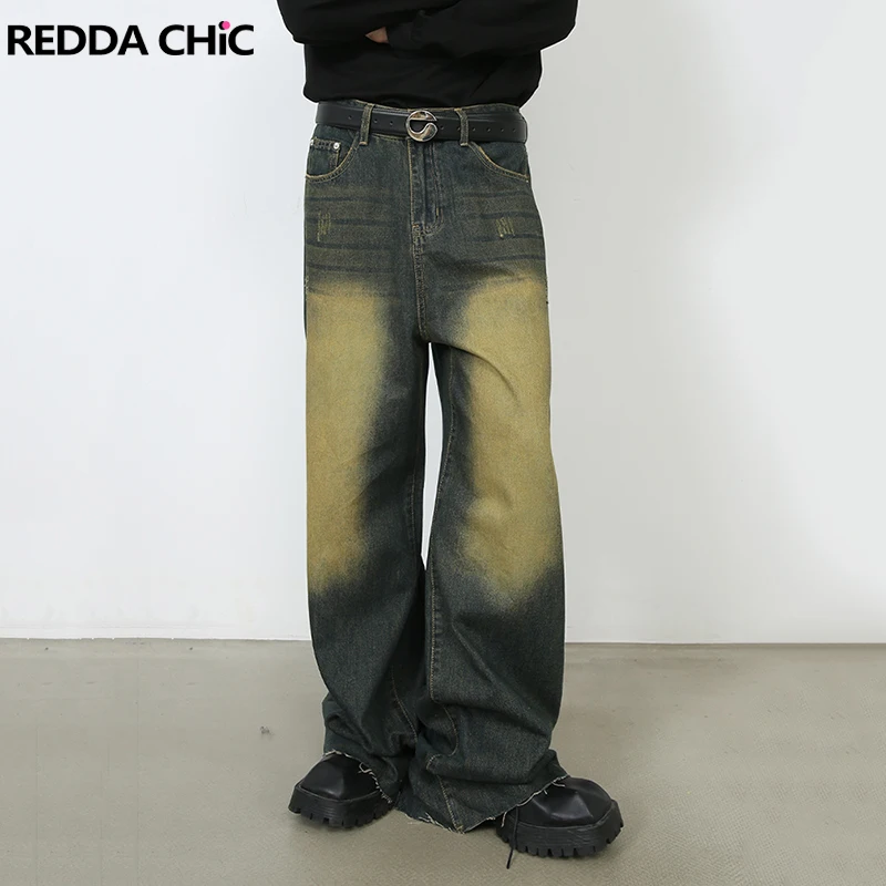 

REDDACHIC 90s Retro Skater Baggy Jeans Men Green Wash Loose Fit Whiskers Raw Edge Wide Leg Pants Casual Hiphop Y2k Streetwear