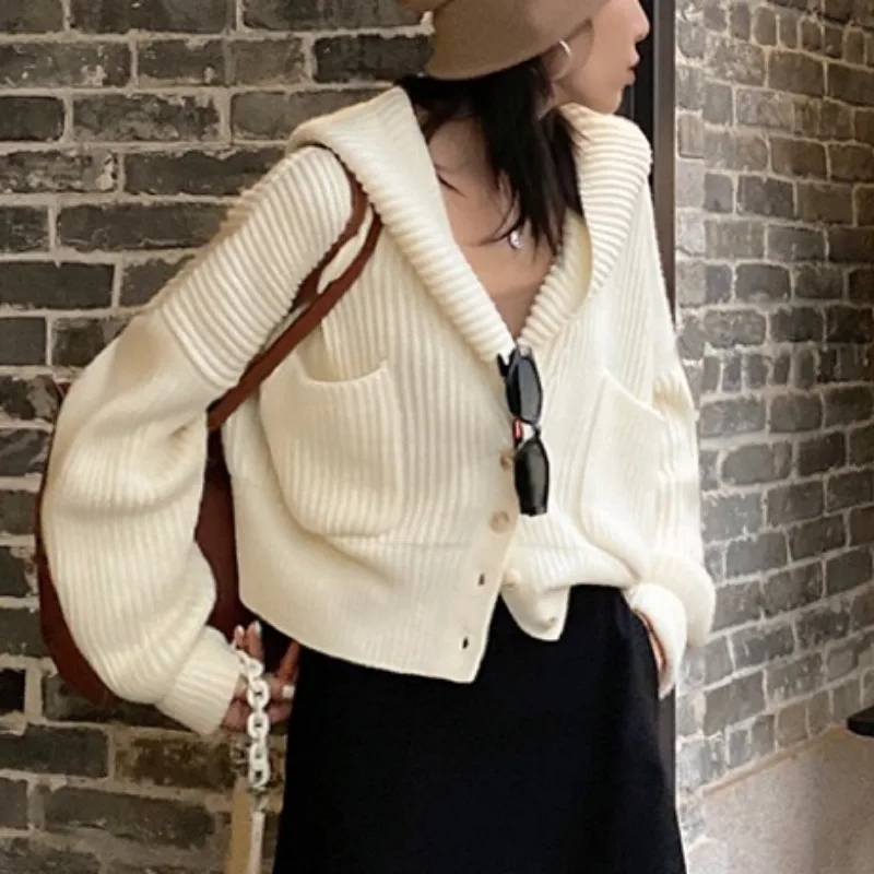 

Winter Warm Lady Cardigan Sweater Vintage New V Neck Knitted Cardigans Women Long Sleeve Loose Coat Casual Simple Tops 29246