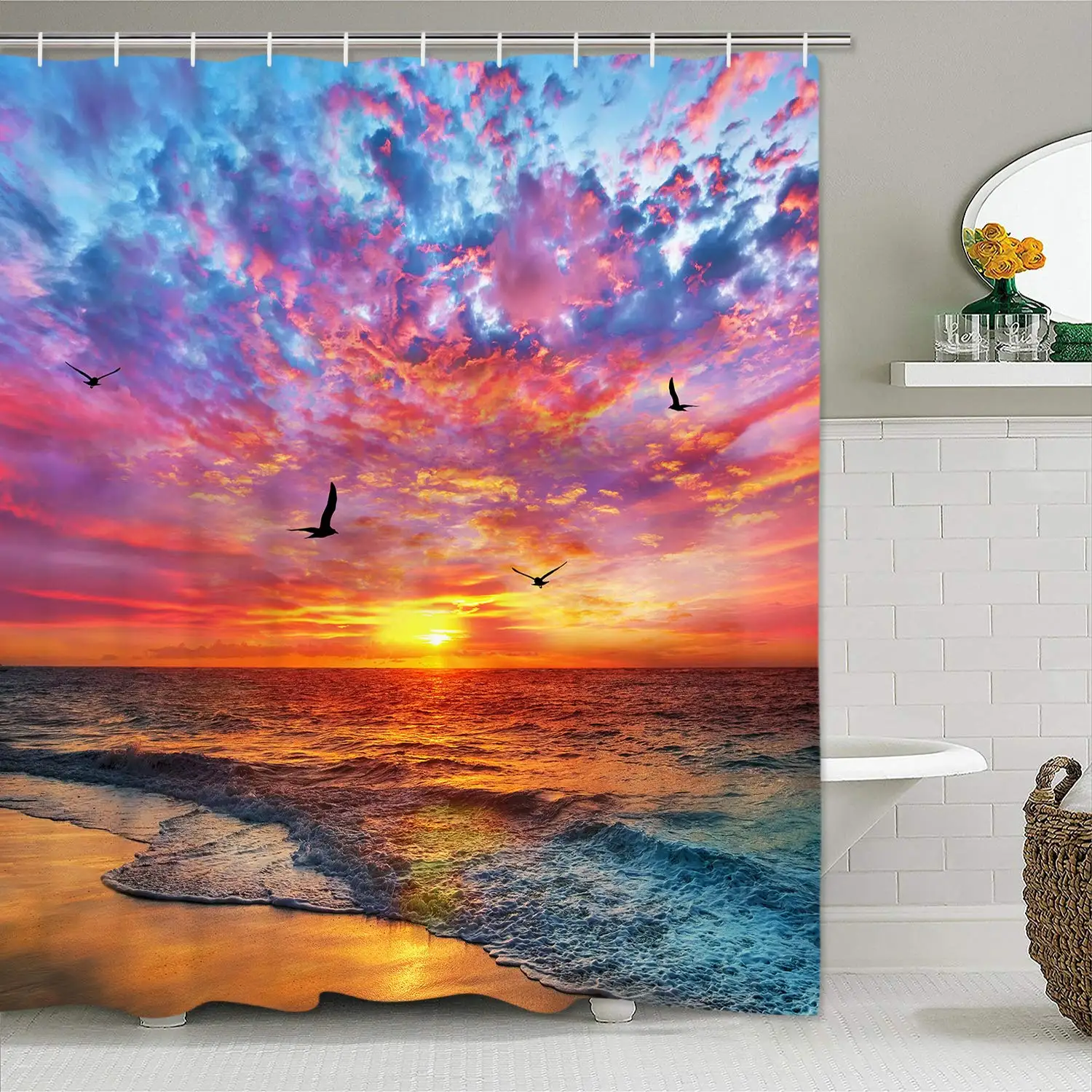 Beach Shower Curtain Tropical Seaside Palm Trees Shower Curtain Sunset Ocean Waves Shower Curtain Blue Sky Coastal Sun with Hook
Beach Shower Curtain Tropical Seaside Palm Trees Shower Curtain Sunset Ocean Waves Shower Curtain Blue Sky Coastal Sun with Hook