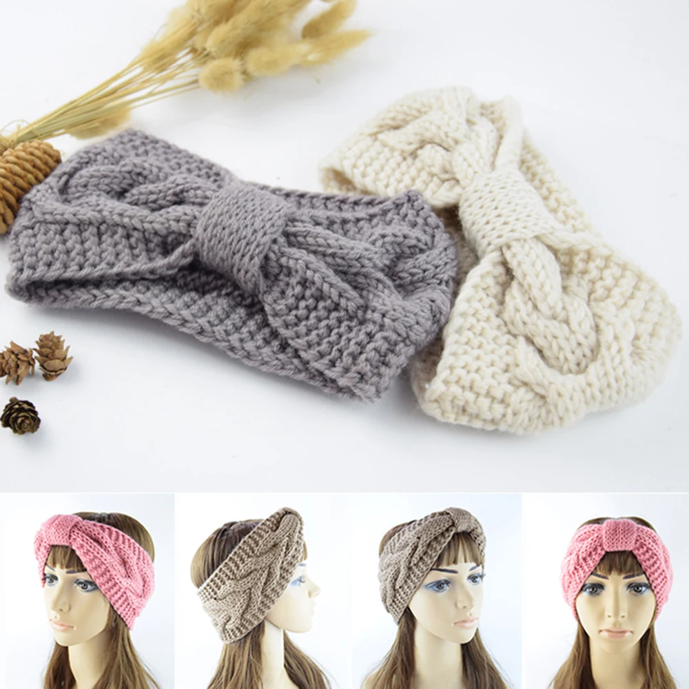 

Winter Warmer Ear Knitted Headband Turban For Women Crochet Bow Wide Stretch Solid Hairband Quality Headwrap Hair Accessories