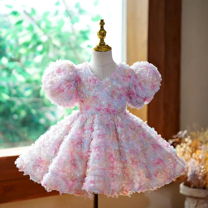 

New Baby Girls Princess Ball Gown Flower Design Birthday Party Christening Tutu Gown Kids Formal Evening Wedding Party Costume