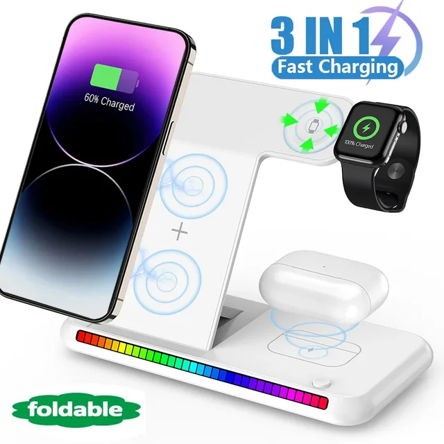 Support de chargeur sans fil rapide LED, station de charge pliable 3 en 1, iPhone 15, 14, 13, 16, Apple Watch 9, 8, 7, 6, 5, Airpods Pro, 100W 1