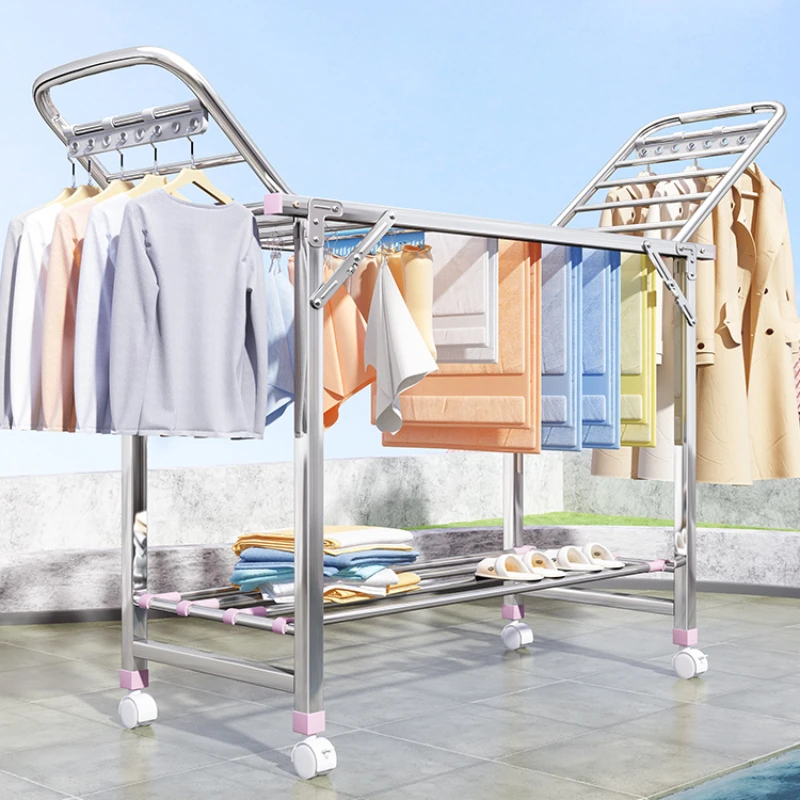 

Foldable Stainless Steel Clothes Drying Rack, Floor-standing Clothes Hanger for Balcony, Movable Laundry Rack Large Capacity