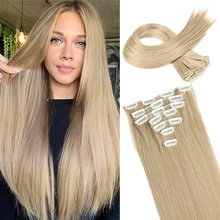 Long Straight Hairstyle 16 Clips 7Pcs/Set Hair Extensions Natural Synthetic Blonde Black Hairpieces Heat Resistant For Women