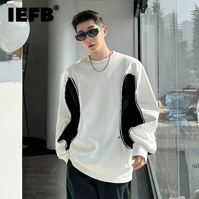

IEFB Korean Chic Men's T-shirt Round Collar Contrast Color Pearl Patchwork Design Male Round Neck Long Sleeve Top Spring 9C5123