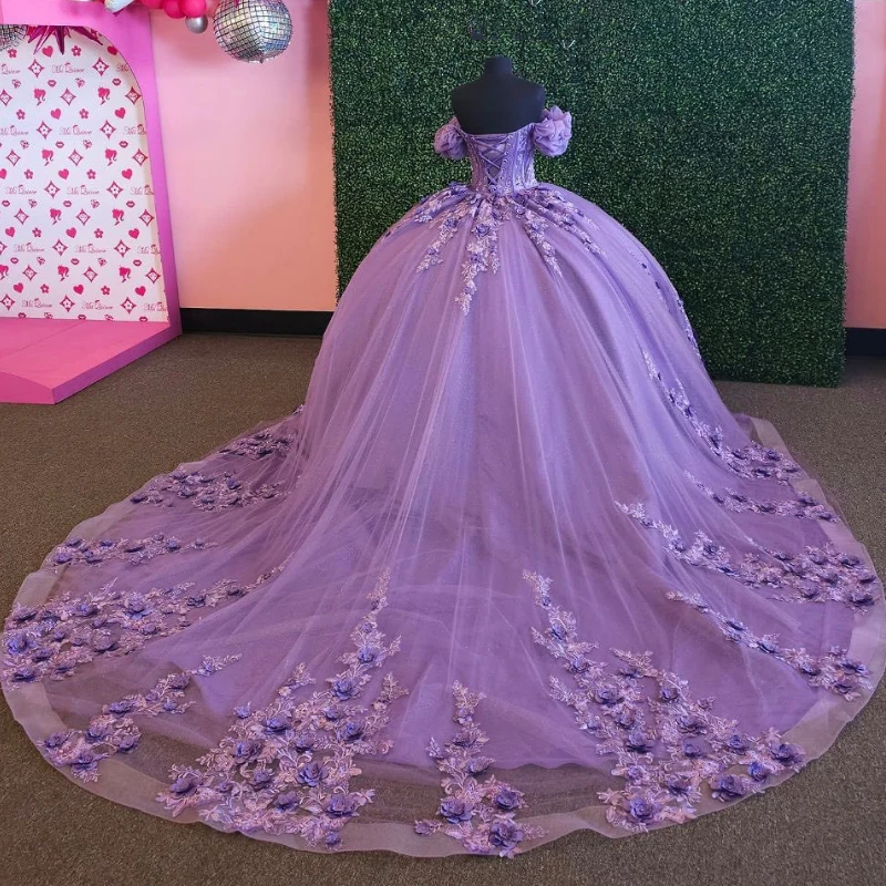 

Lavender Shiny Quinceanera Dress Off the Shoulder Lace Applique Beading Mexican Sweet 16 Vestidos De XV 15 Anos Ball Formal Gown