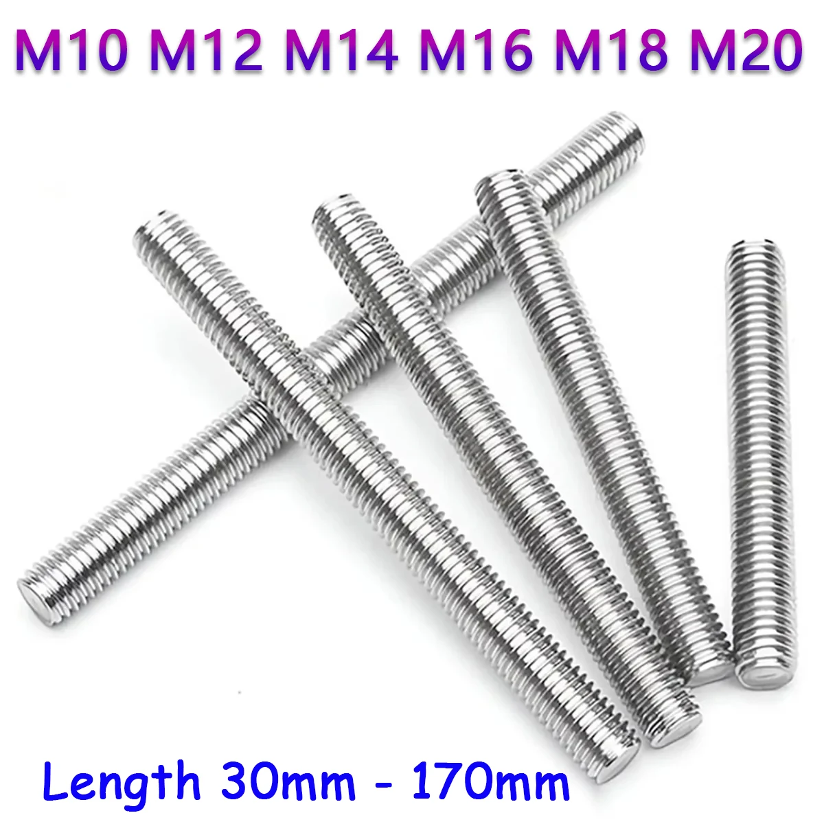 

A2 304 Stainless Steel Full Thread Screw Rods Headless Bolt M10 M12 M14 M16 M18 M20 Fully Threaded Bar Stud Length 30mm - 170mm