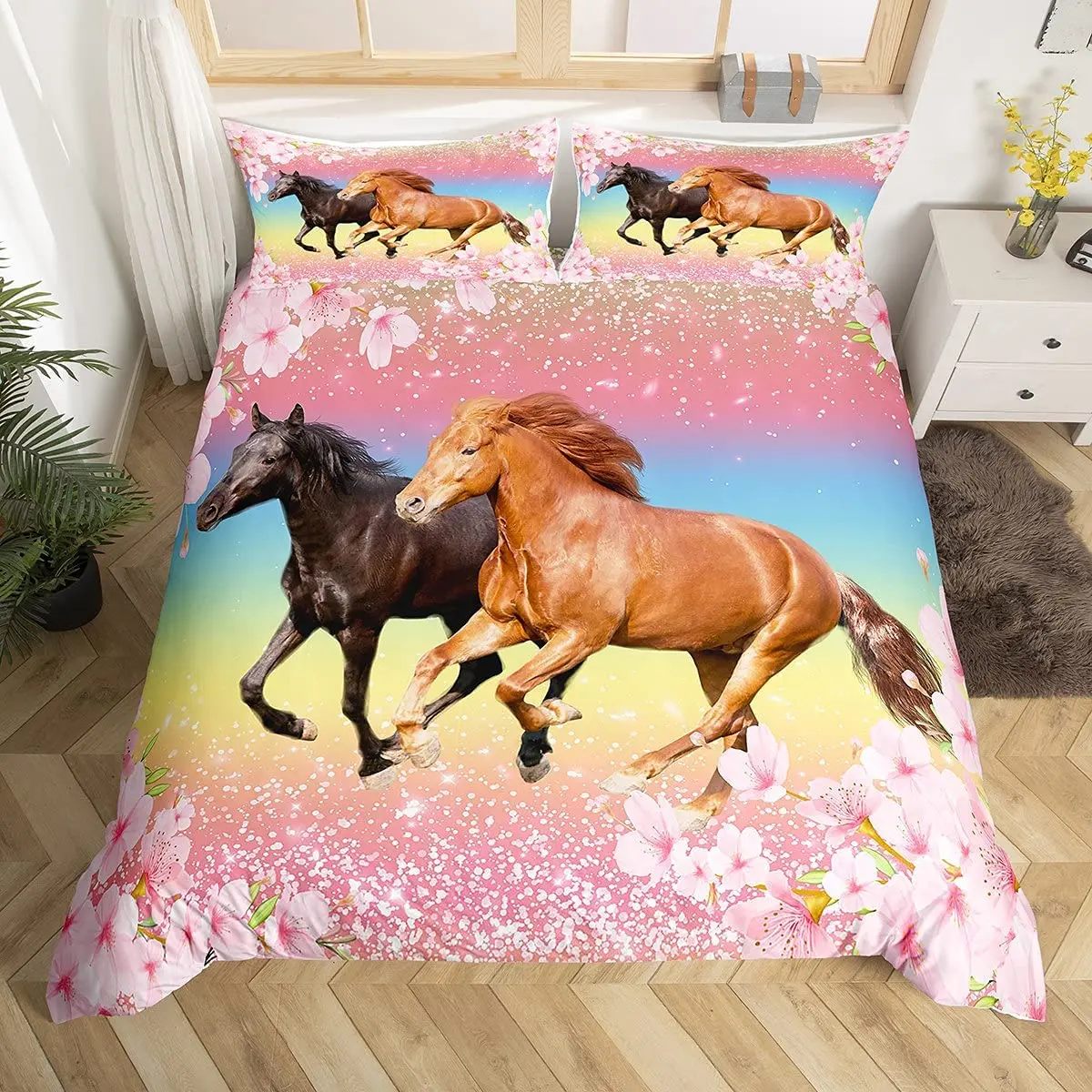 

Girls Galloping Horse Bedding Set Pink Floral Duvet Cover Microfiber Wild Farm Animal Quilt Cover Cherry Blossom Bedspread Cover