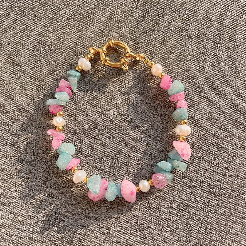 

Pink/Blue Stones Natural Freshwater Pearls Bracelet Couple Gold Color Bracelets for Women Lucky Fine Jewelry