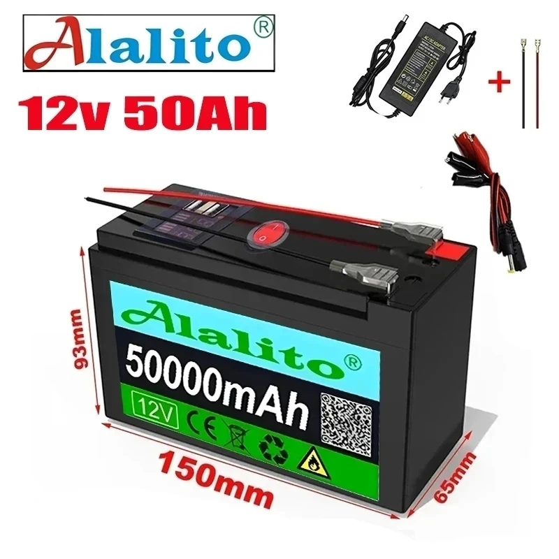 

12V Battery 50Ah 18650 lithium battery pack Rechargeable battery for solar energy electric vehicle battery+12.6v3A charger