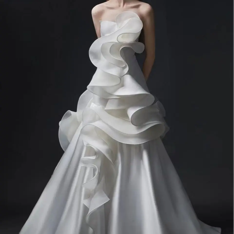 

Женское свадебное платье с юбкой-годе, элегантное простое Сдержанное платье невесты с открытыми плечами и бантом на спине, SWD165