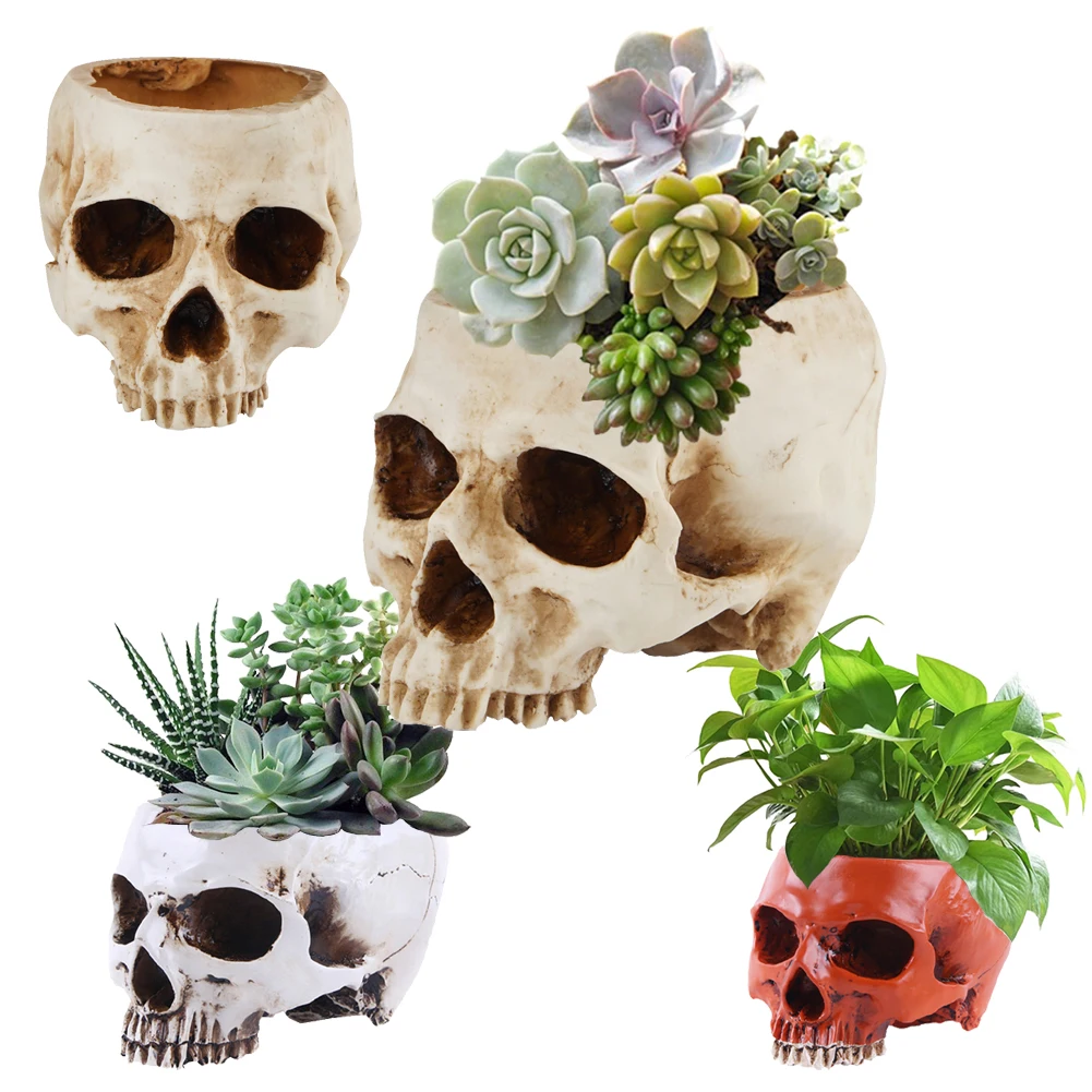 

Resin Skull Flower Pot Home Garden Office Decor Planter Container Skeleton Desktop Flower Pot Halloween Skeleton Flowerpot