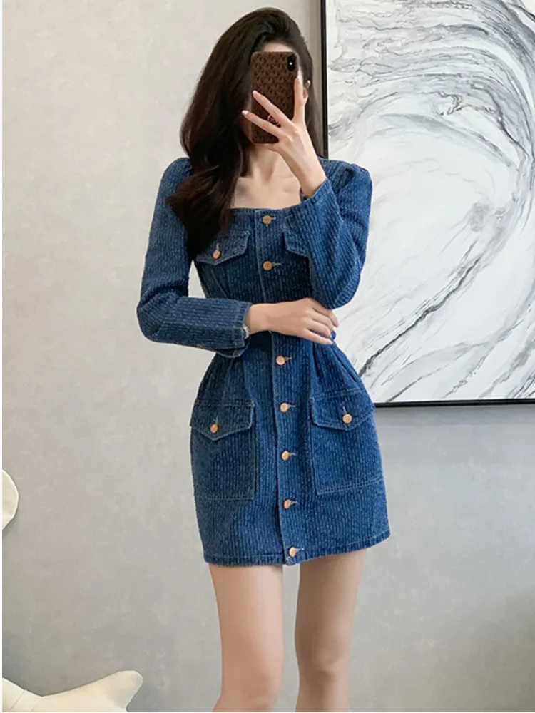 French Square Neck Bubble Sleeves Women Denim Skirt Spring New French Vintage Single Breasted Belt Square Collar Pocket Dresses
French Square Neck Bubble Sleeves Women Denim Skirt Spring New French Vintage Single Breasted Belt Square Collar Pocket Dresses