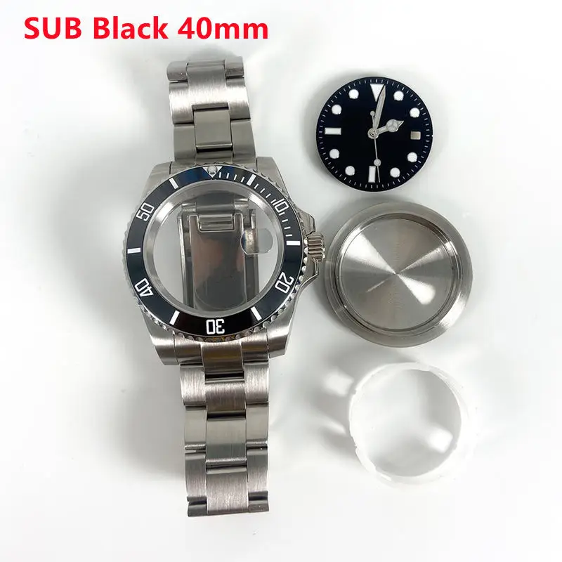 

40mm Mod Stainless Steel Sapphire Glass Ceramic Bezel With Dial Hands Strap Band Watch Case For RLX SUB 8215 2813 2836 Movement