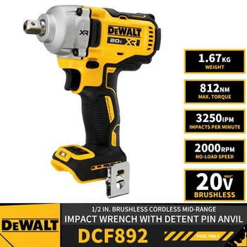 DEWALT 브러시리스 무선 미드 레인지 임팩트 렌치, 디텐트 핀 앤빌, 20V 리튬 전동 공구, 3250IPM, 812NM, DCF892, 1 인치, 2 인치