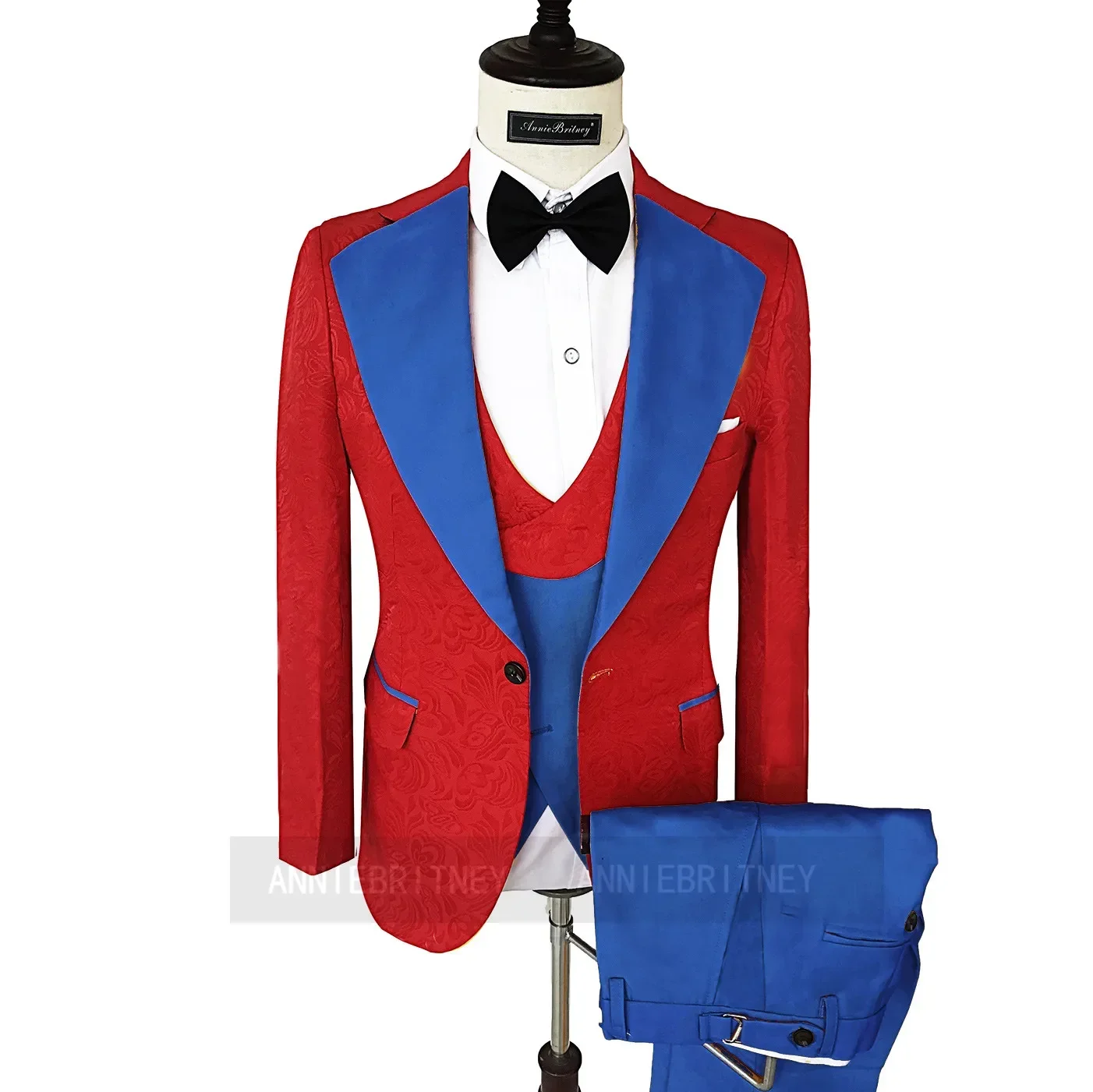 

Jacquard Red Jacket Blue Pant Formal Wedding Suits Groom Tuxedo Prom Blazer Hombre High Quality Custom 3 Piece Set Costume Homme