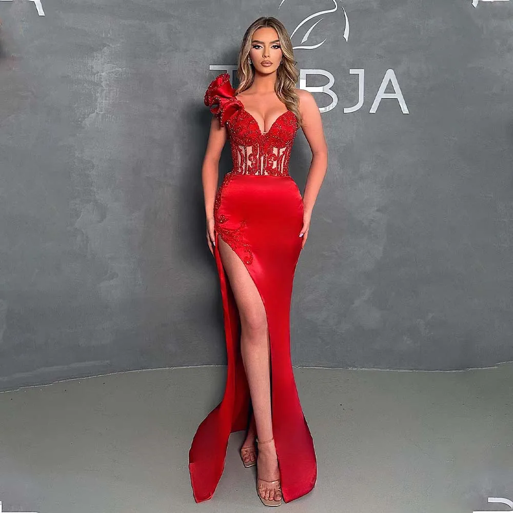 

Red V-neck Stunning Beaded Sequined Satin Mermaid Evening Dresses Side Slit Custom Made 2024 Formal Party Prom Grown 2024