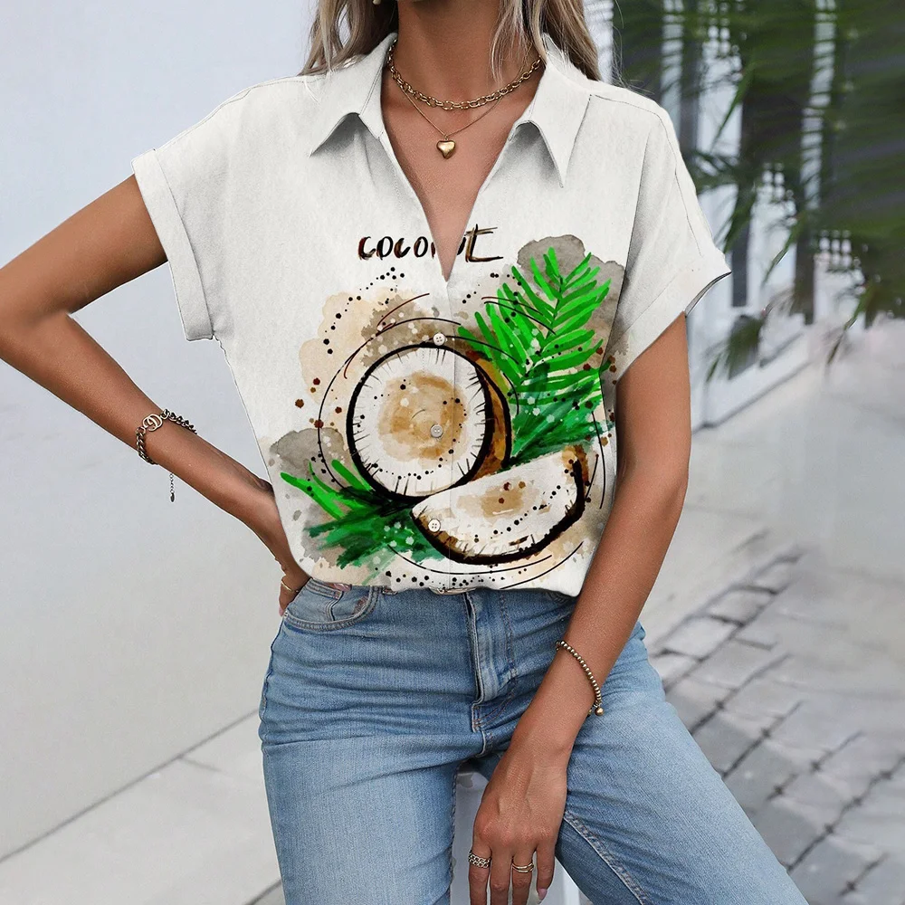 Стильные женские рубашки и блузки для отпуска, Освежающая блузка с кокосовым принтом, летние топы, женская рубашка с коротким рукавом и пуговицами спереди 
Стильные женские рубашки и блузки для отпуска, Освежающая блузка с кокосовым принтом, летние топы, женская рубашка с коротким рукавом и пуговицами спереди
