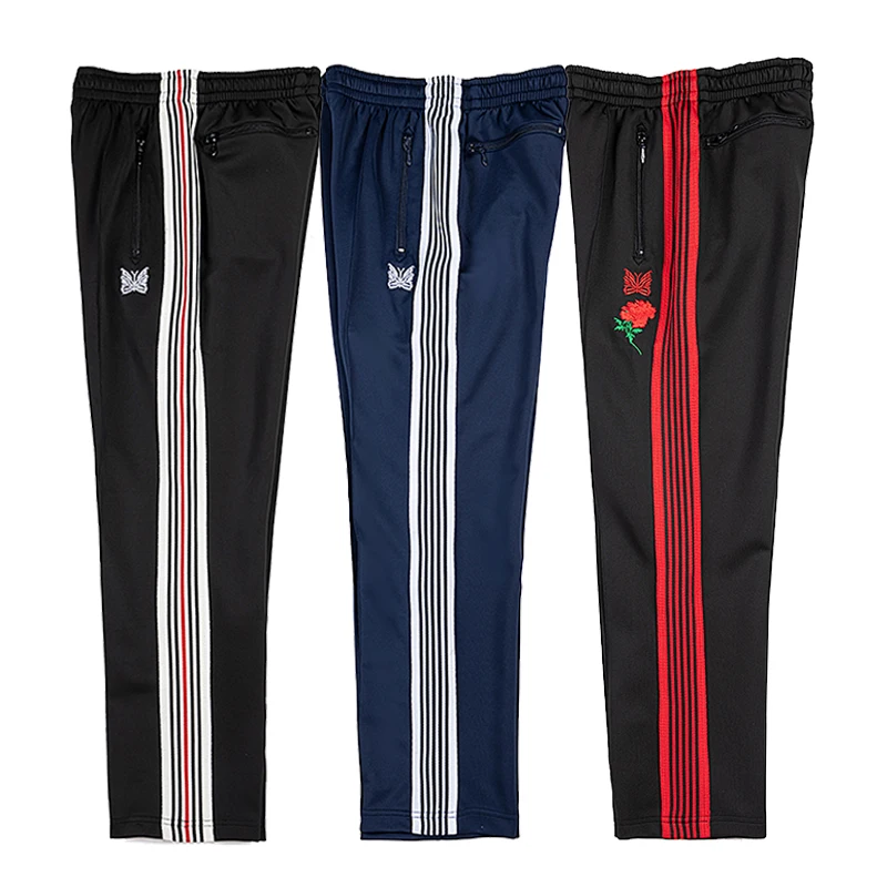 

23SS Top Quality Stripes Needles Pants Men Women Poly Smooth Awge Track Pants Butterfly Embroidery Logo Trouser Goth