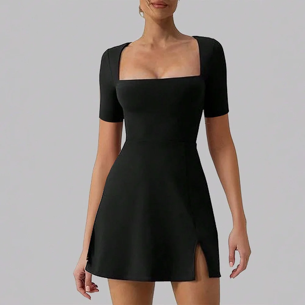 

2024 European and American women's sexy and elegant square neckline, hem, slit waist, A pendulum, black party dress mini dresses