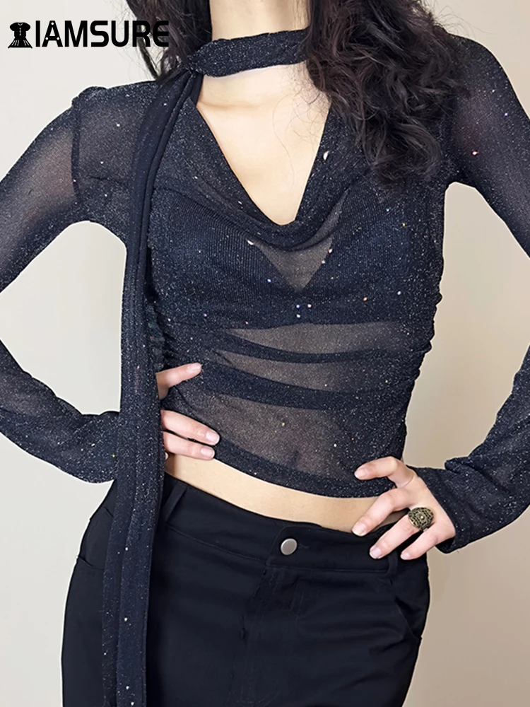 IAMSURE Clubwear Sparkle Glitter Mesh Crop Top See Through Sexy Slim V-Neck Long Sleeve Tees Women 2023 Autumn Spring Fashion
IAMSURE Clubwear Sparkle Glitter Mesh Crop Top See Through Sexy Slim V-Neck Long Sleeve Tees Women 2023 Autumn Spring Fashion