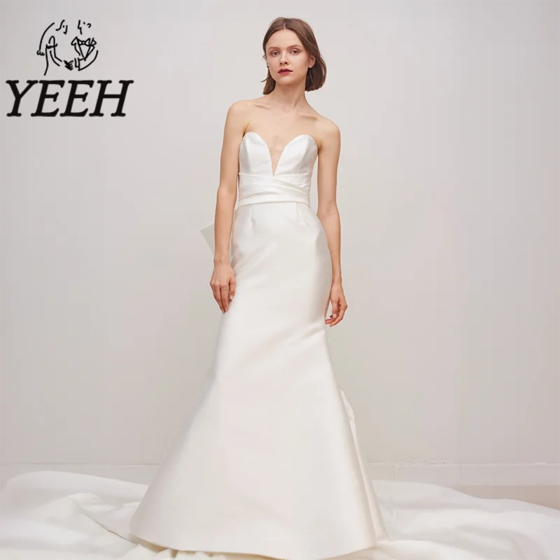 

YEEH Sweetheart Neckline Wedding Dress Plain Satin Pleated Bridal Gown with Big Bow Court Train Vestido De Noiva for Bride