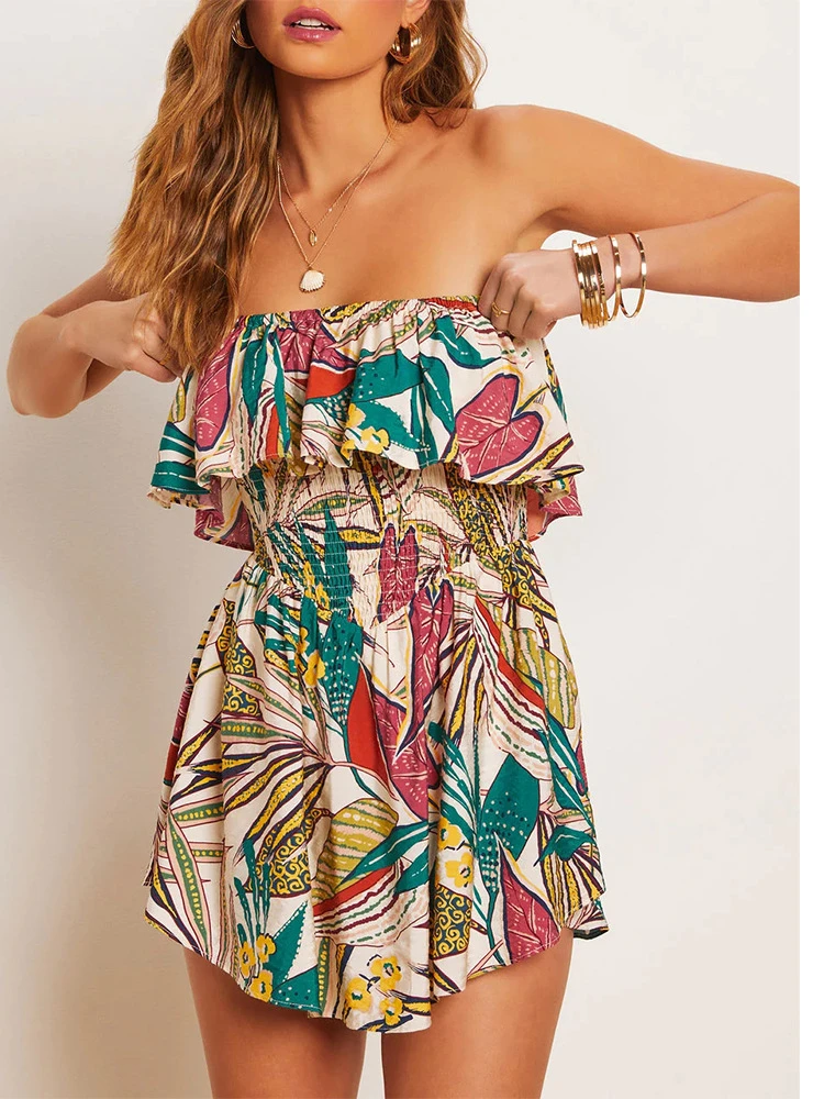 

Праздничное богемное мини-платье с оборками, лето 2024, весеннее платье для отпуска без бретелек с цветочным воротником, женское сексуальное пляжное короткое платье